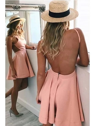 Simple A-Line Round Neck Backless Pink Satin Short Homecoming Dresses