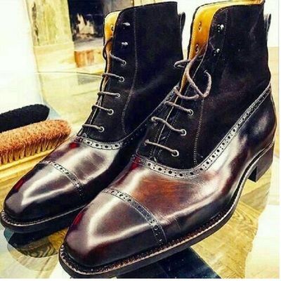 Men’s handmade two-tone leather & suede boots, cap toe ankle high lace boots - Thumbnail 3