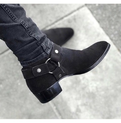 Handmade Black Motorcycle Genuine Suede Leather Zip Fastening Boots for Men