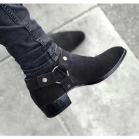 Handmade Black Motorcycle Genuine Suede Leather Zip Fastening Boots for Men - Thumbnail 1