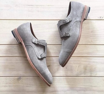 Men’s Handmade Suede Double Straps Shoes, Men’s Gray Cap Toe Shoes
