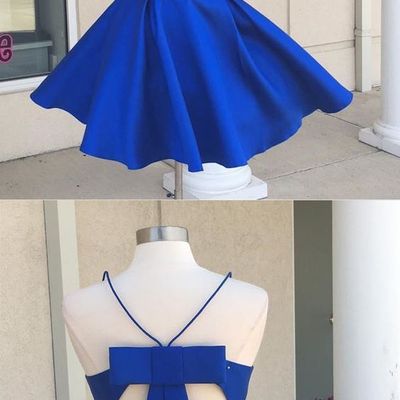 A-line spaghetti straps open back red satin short homecoming dress with bowknot