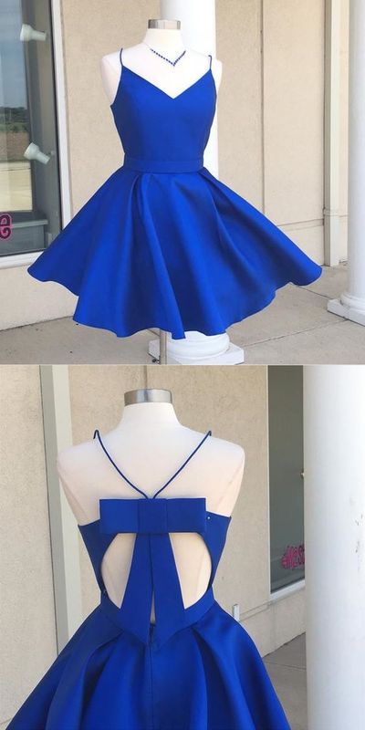 A-Line Spaghetti Straps Open Back Red Satin Short Homecoming Dress with Bowknot