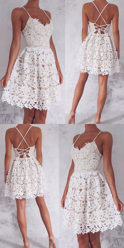 A-Line Spaghetti Straps Lace-Up White Lace Short Homecoming Dress