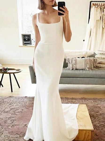 Simple Mermaid Square Neck Satin Bride Gowns, Simple Wedding Dresses with Button