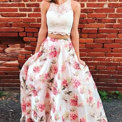 Two piece a line floor length strapless sleeveless lace prom dress,party dress