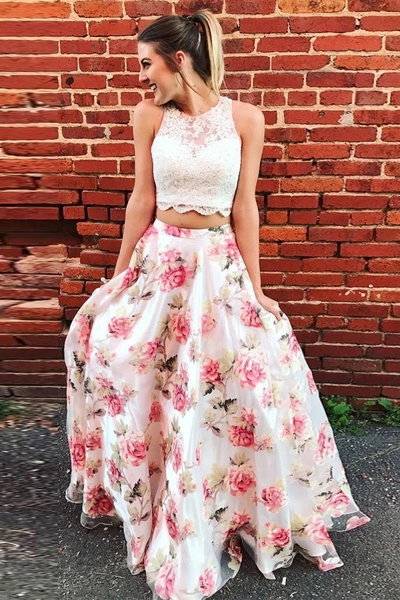 Two Piece A Line Floor Length Strapless Sleeveless Lace Prom Dress,Party Dress