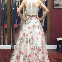 Two Piece A Line Floor Length Strapless Sleeveless Lace Prom Dress,Party Dress - Thumbnail 1