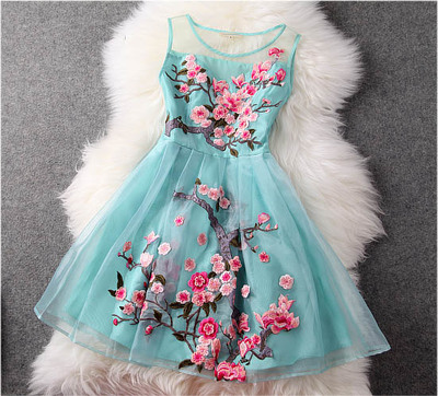Cute A Line Round Neck Blue Organza Short Homecoming Dresses with Appliques