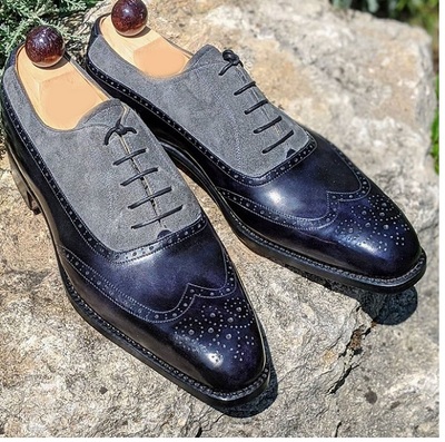 Handmade Men's Black Gray Wing Tip Brogue Leather Suede Shoes, Men Designer Shoe