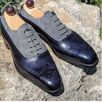 Handmade Men's Black Gray Wing Tip Brogue Leather Suede Shoes, Men Designer Shoe - Thumbnail 1