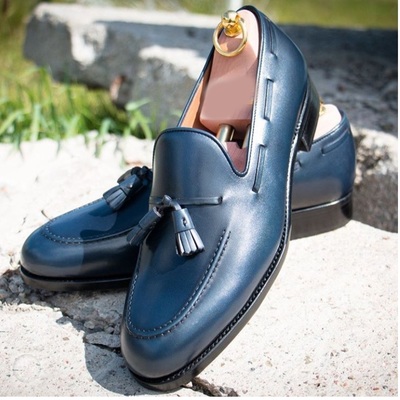 Handmade men’s blue leather shoes, men round toe slip on dress tussle loafers - Thumbnail 2