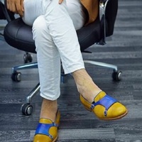 Handmade Men Yellow and Blue Shoes, Monk Strap Moccasin Shoes, Dress Shoes - Thumbnail 4