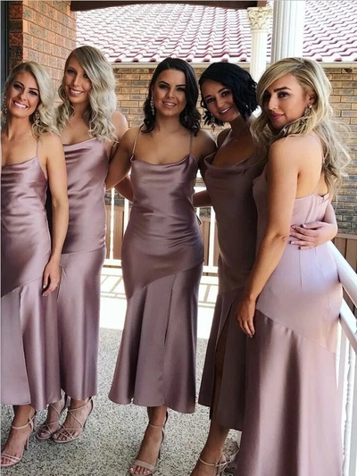 Simple Spaghetti Strap Side Slit Mermaid Long Bridesmaid Dresses