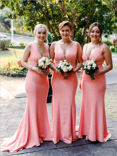 Simple V Neck Sleeveless Mermaid Sweep Trailing Long Bridesmaid Dresses