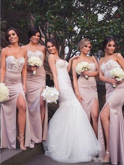 Elegant Sweetheart Lace Top Side Slit Mermaid Long Bridesmaid Dresses