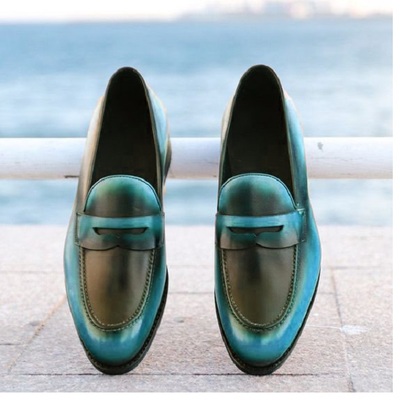 Mens new trendy twotone penny loafer slips on moccasin formal handmade shoes - Thumbnail 2