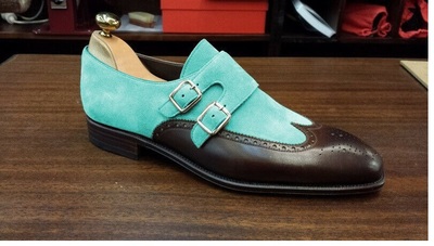Mens Blue Dark Brown Leather Suede Shoes, Double Monk Strap Wingtip Formal Shoes