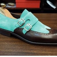 Mens Blue Dark Brown Leather Suede Shoes, Double Monk Strap Wingtip Formal Shoes - Thumbnail 4