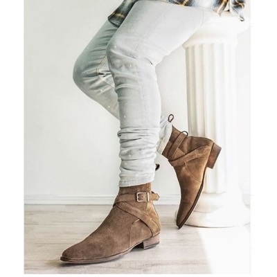 Handmade men tan beige suede boots, dress jodhpurs style boots, monk strap - Thumbnail 2