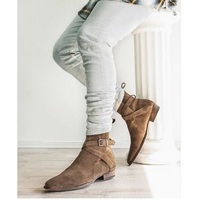 Handmade Men Tan Beige Suede Boots, Dress Jodhpurs Style Boots, Monk Strap - Thumbnail 5