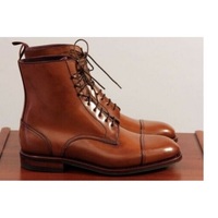 New Handmade Pure Tan Leather Ankle Boots for Men - Thumbnail 1