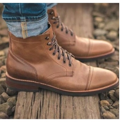 Pure handmade tan genuine leather lace up boots for men's - Thumbnail 2