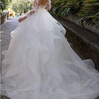 Ball Gown V Neck Long Sleeves Lace Wedding Dresses with Beading - Thumbnail 1