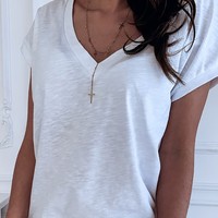 Casual Solid Color V-Neck Short Sleeve T-Shirt Top - Thumbnail 1