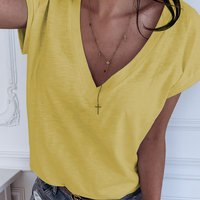 Casual Solid Color V-Neck Short Sleeve T-Shirt Top - Thumbnail 2