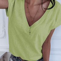 Casual Solid Color V-Neck Short Sleeve T-Shirt Top - Thumbnail 3