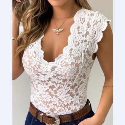Sexy slim v-neck sleeveless jumpsuit lace top