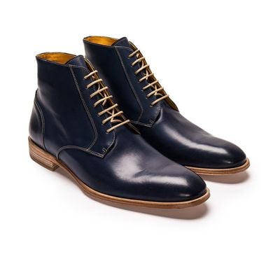 Hand crafted men's blue ankle lace up leather casual fashion boot - Thumbnail 3