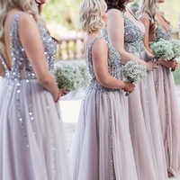 Sparkly V Neck Backless Beading Tulle A-line Long Modest Bridesmaid Dresses For Wedding - Thumbnail 1