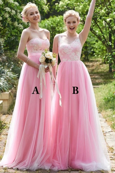 Luxury Sweetheart Pink Tulle Lace Appliques Bridesmaid Dress