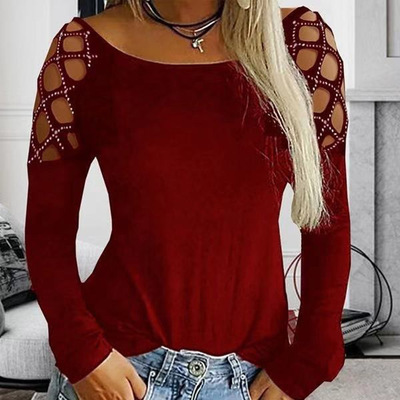 Solid color hot drill long sleeve t-shirt top