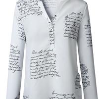 Fashion Printed Letter V-Neck Button Long Sleeve Shirt Top - Thumbnail 6