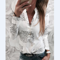 Fashion Printed Letter V-Neck Button Long Sleeve Shirt Top - Thumbnail 4