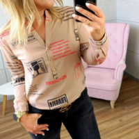 Fashion Printed Letter V-Neck Button Long Sleeve Shirt Top - Thumbnail 2