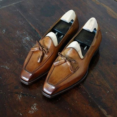 Men's decent brown tassels board cut mocassin leather occasion shoes