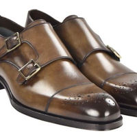 Mens Decent Dressing Shoes New Handmade Two Tone Dark Brown Black Double Monk Brogue Captoe Formal Shoes - Thumbnail 1