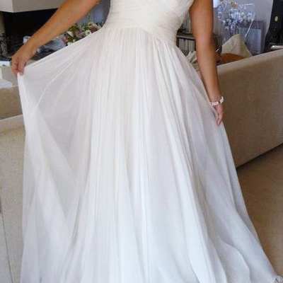 Fairy simple a line v neck chiffon ruffled long wedding dresses, beach wedding dresses