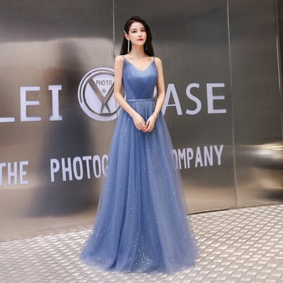 Blue tulle long prom dress simple evening dress