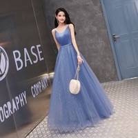 Blue tulle long prom dress simple evening dress - Thumbnail 2