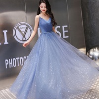 Blue tulle long prom dress simple evening dress - Thumbnail 4