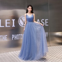 Blue tulle long prom dress simple evening dress - Thumbnail 1