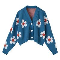Smiley Sun Flower Blue Knit Sweater Cardigan - Thumbnail 4