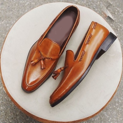 New men's brown round toe tussles leather dress loafers shoes - Thumbnail 3