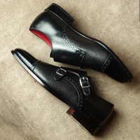 New Handmade Black Leather Double Monk Strap Dress Shoes for Men's - Thumbnail 4