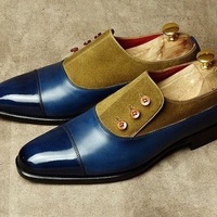 Handmade Two Tone Leather Suede Cap Toe Button Top Shoes for Men's - Thumbnail 5